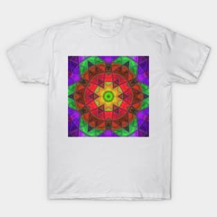 Mosaic Kaleidoscope Flower Red Green and Purple T-Shirt